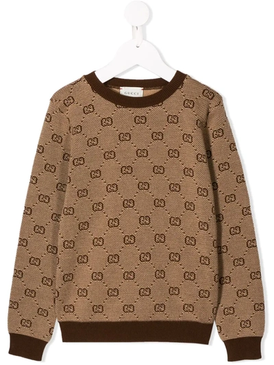 Gucci Boys Beige Kids Logo-intarsia Wool-blend Knitted Jumper 4-12 Years 8 Years In Brown