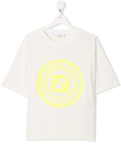 Fendi Kids' 大廓形logo印花纯棉平纹针织t恤 In Fior Di Latte