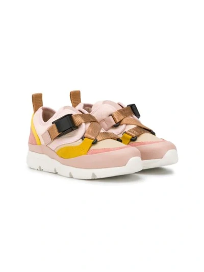 Chloé Kids' Leather & Cotton Canvas Trainers In Pink