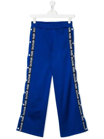 Balmain Teen Logo Stripe Track Pants In Blue