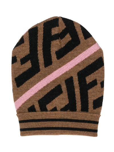 Fendi Kids' Zucca-pattern Knitted Hat In Brown