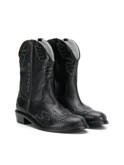 Givenchy Kids' “texas”刺绣皮革短靴 In Nero