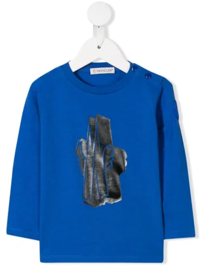 Moncler Babies' Long Sleeve Logo Print Top In Blue