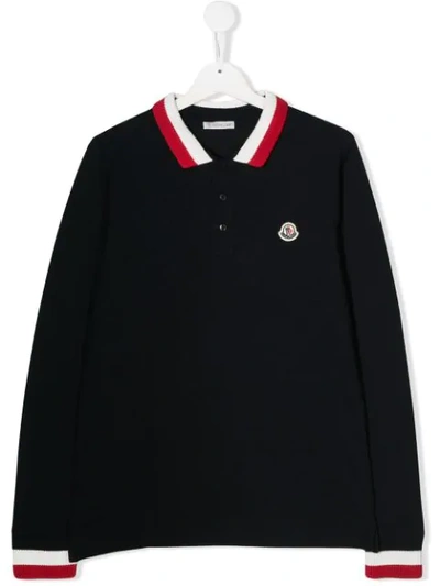 Moncler Kids' Long-sleeve Polo Half-button Shirt, Navy