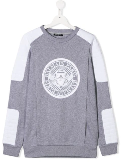 Balmain Kids' Panelled Logo-print Sweatshirt In Grey,white