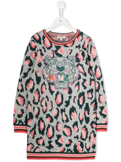 Kenzo Kids' Leopard Cotton-blend Sweater Dress In Grey