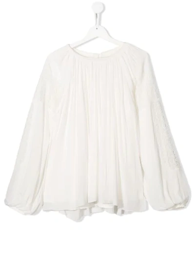 Chloé Kids' 蕾丝细节粘胶纤维绉纱衬衫 In White