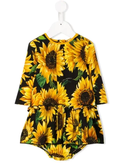 Dolce & Gabbana Babies' Sunflower Print Modal Dress W/ Diaper In Black