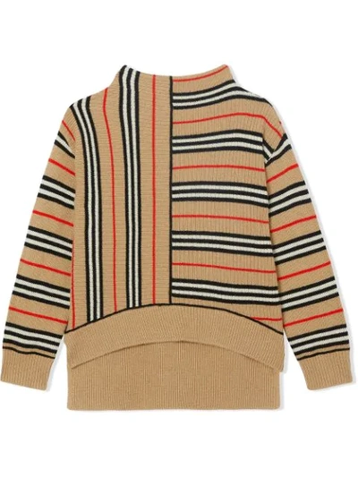 Burberry Teen Contrast Icon Stripe Cashmere Wool Sweater In Beige