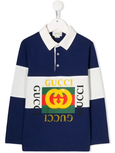 Gucci Kids' Boy's Logo Rugby Stripe Polo Shirt In Blue