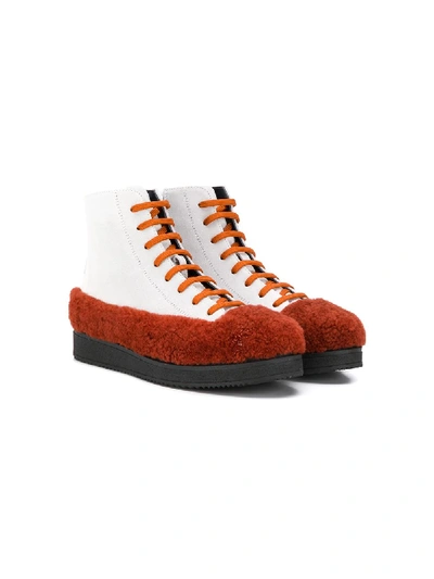 Marni Kids' Orange Faux Fur Trim Boots In White