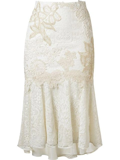 Martha Medeiros Embroidered Lace Mix Midi Skirt In White