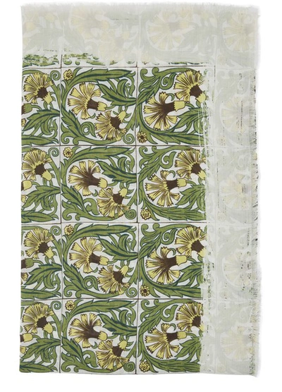 Loewe Anagram Logo Scarf With Flowers Print In Green White