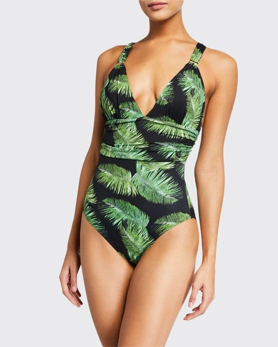 Melissa Odabash Panarea Palm-leaf Print V-neck Swimsuit In Palm Black