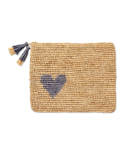 Aerin Heart Raffia Zip Pouch In Denim