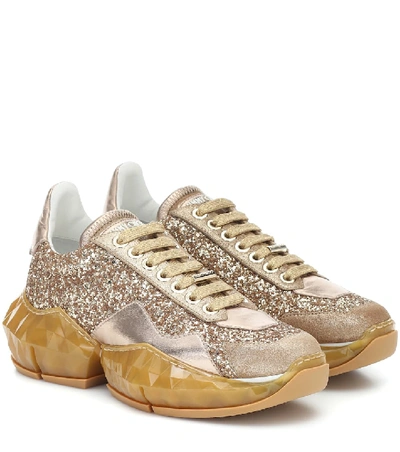 Jimmy Choo Diamond Glittered Canvas And Metallic Textured-leather Sneakers In Gold