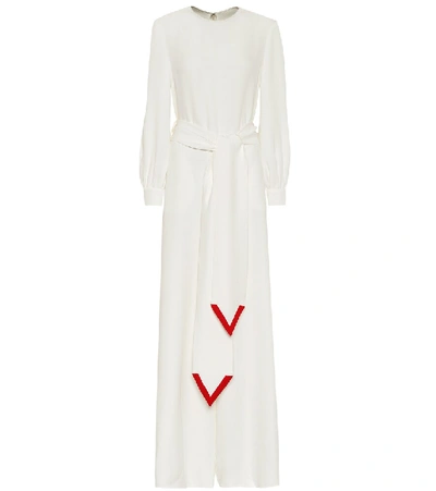 Valentino Belted Silk-cady Wide-leg Jumpsuit In Ivory/red