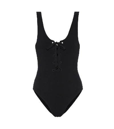 Ganni Textured Lace-up One Piece Swimsuit In Black