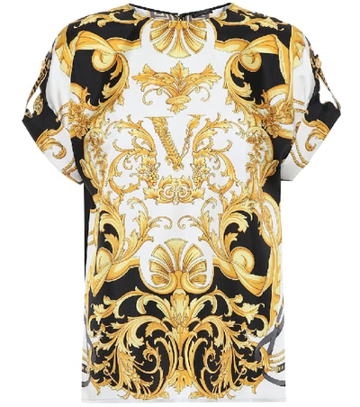 Versace Virtus Baroque Print Silk Blouse In Black,gold,white