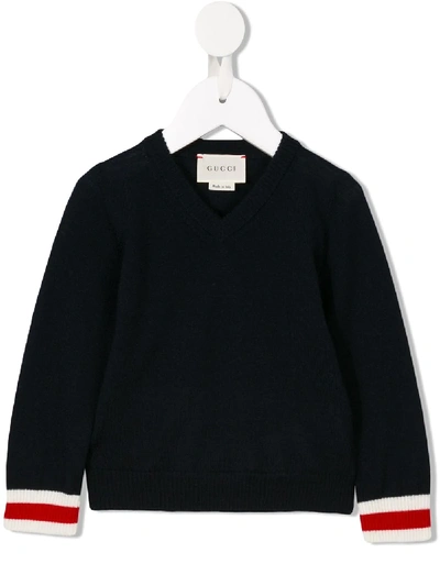 Gucci Babies' Web V-neck Jumper In Blue