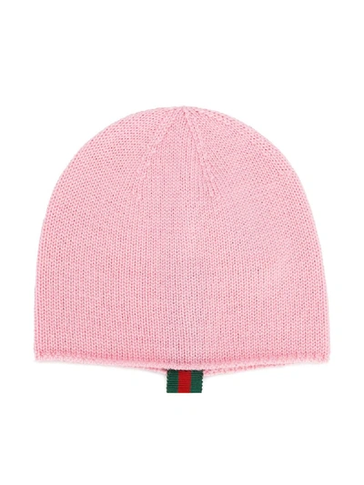 Gucci Babies' Web-detailed Knitted Beanie In Pink