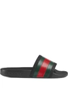Gucci Black Webbing Stripe Printed Slides In Black