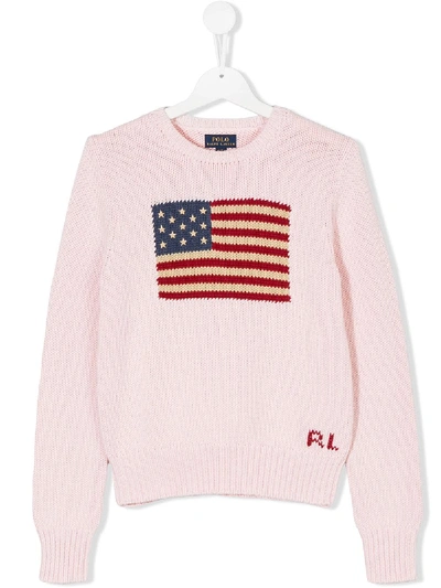 Ralph Lauren Kids' Flag Crewneck Sweater In Pink