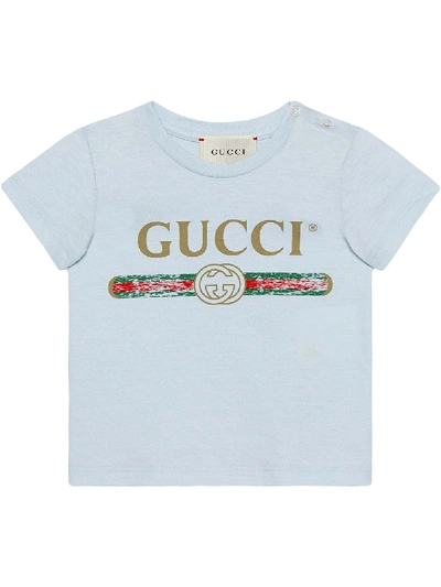 Gucci Baby Logo印花全棉t恤 In Blue