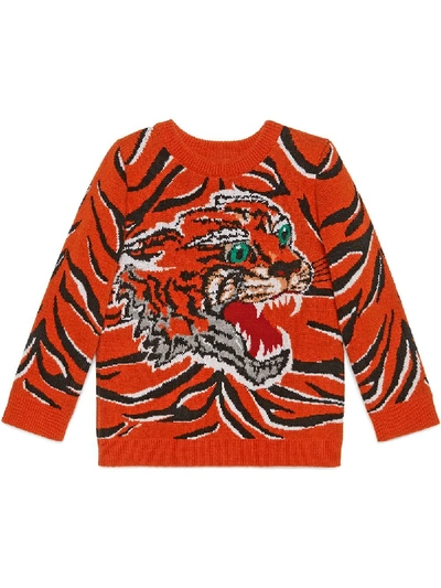 Gucci Kids' Jacquard-pullover Mit Tiger In Orange