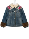 GUCCI EMBROIDERED DENIM JACKET WITH SHEARLING