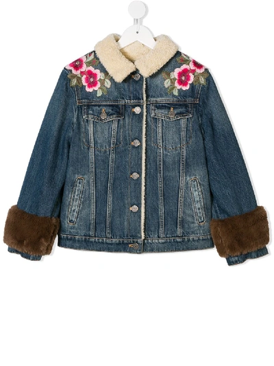 Gucci Kids' 绒毛衬里刺绣棉质牛仔夹克 In Blue