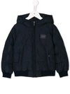 Dolce & Gabbana Nylon Down Jacket With Hood And Plate In Blue