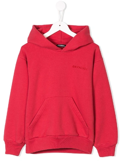 Balenciaga Kids' Logo Embroidered Hoodie In Red