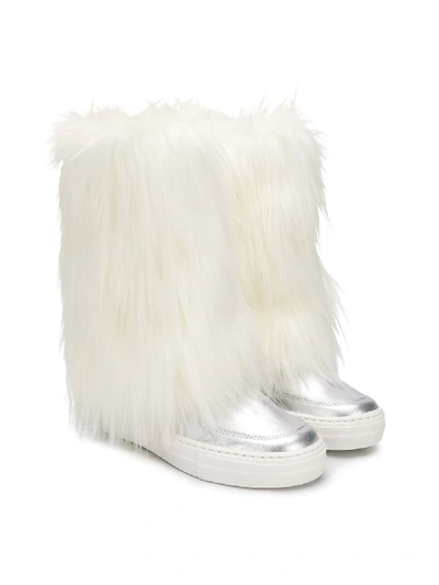 Andorine Kids' Faux Fur And Leather Boots In Silver