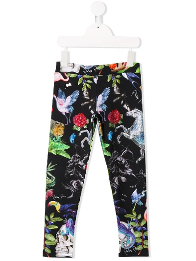 Philipp Plein Junior Kids' Jungle Printed Leggings In Black