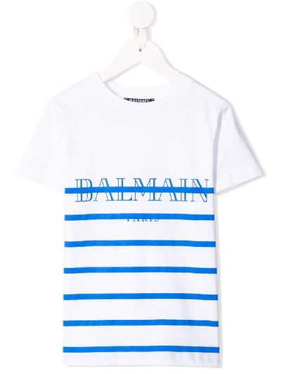 Balmain Kids' Logo条纹印花t恤 In White