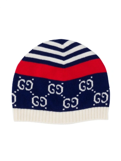 Gucci Kids' Logo Colour-block Beanie In Blue