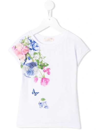 Monnalisa Kids' 花卉缝饰t恤 In White