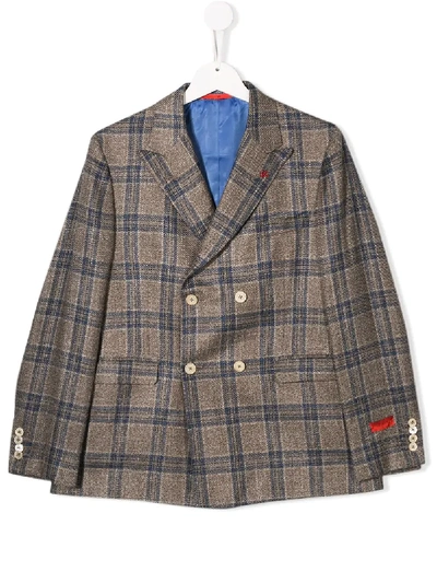 Isaia Kids' 斜紋布格纹西装夹克 In Brown