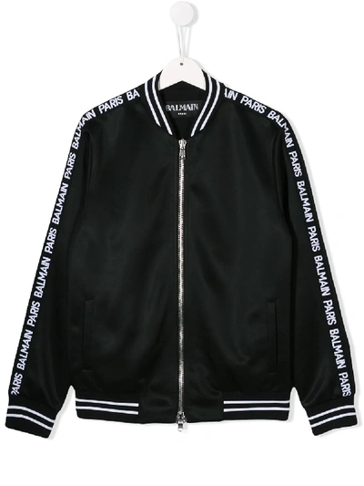 Balmain Kids' Logo织带边条飞行员夹克 In Black