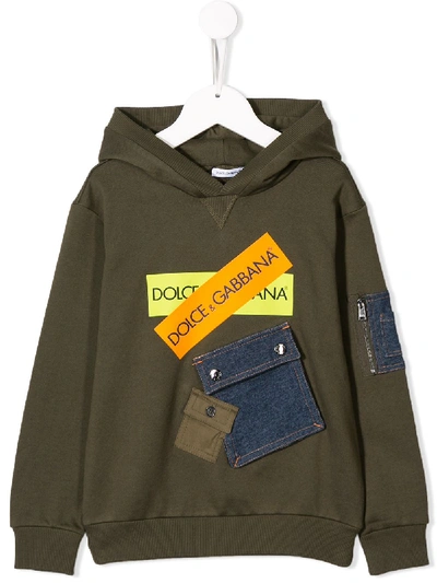 Dolce & Gabbana Kids' Pocket Detail Logo Hoodie In Green