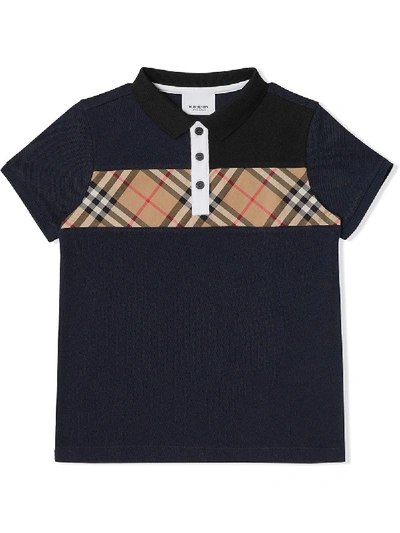 Burberry Kids' Vintage Check Panel Cotton Polo Shirt In Navy