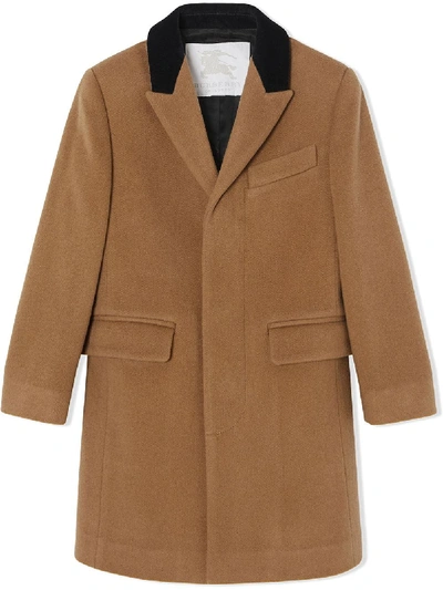 Burberry Kids' Velvet Collar Cashmere Tailored Coat In Sand