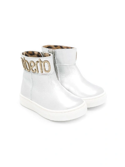 Roberto Cavalli Kids' Logo Ankle Boots In Silver