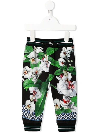 Dolce & Gabbana Babies' Floral Print Track Trousers In Black
