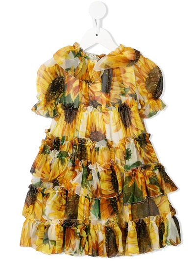 Dolce & Gabbana Babies' Sunflower Print Ruffled Dress In Yellow