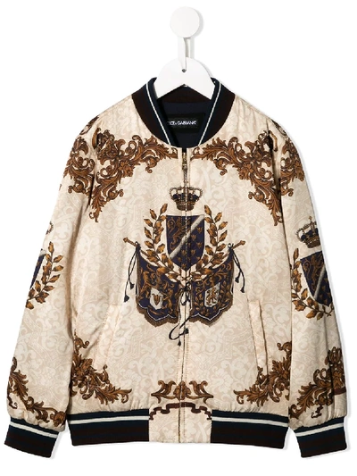 Dolce & Gabbana Kids' Baroque Print Bomber Jacket In Brown