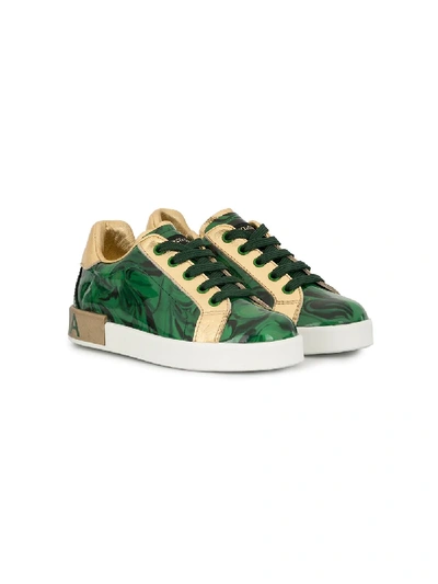 Dolce & Gabbana Kids' Leaf Print Trainers In Green