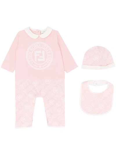 Fendi Baby Cotton Onesie, Bib And Hat Set In Pink