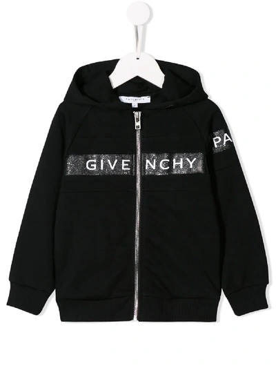 Givenchy Kids' Logo印图拉链开合棉质连帽卫衣 In Nero